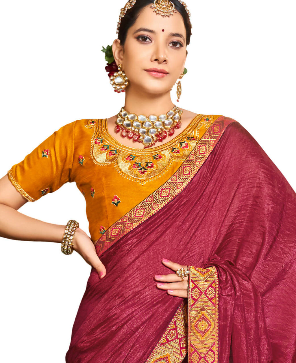 Maroon Solid Vichitra Saree With Unstitched Blouse Piece - Selena