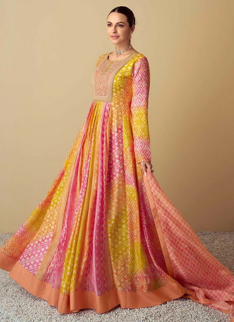 Vastranavya Pink Muslin Printed Sequins Beads Work Abaya Style Anarkali Suit