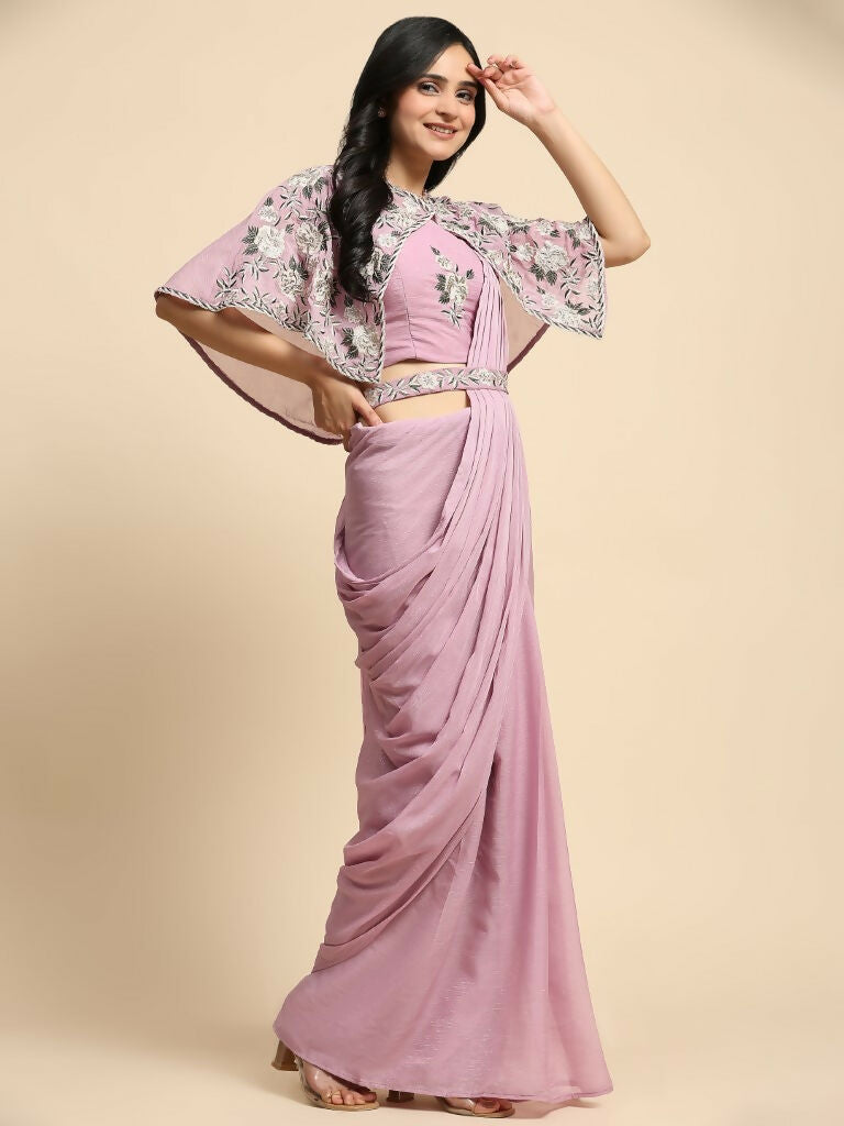 Pink Chiffon Solid Ready to wear Saree with stitched Blouse - Aayan