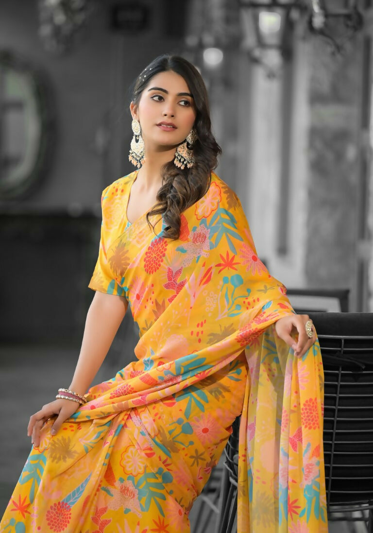 stylish Casual Yellow Imported georgette Ready to Wear Fancy Saree - Ashwini