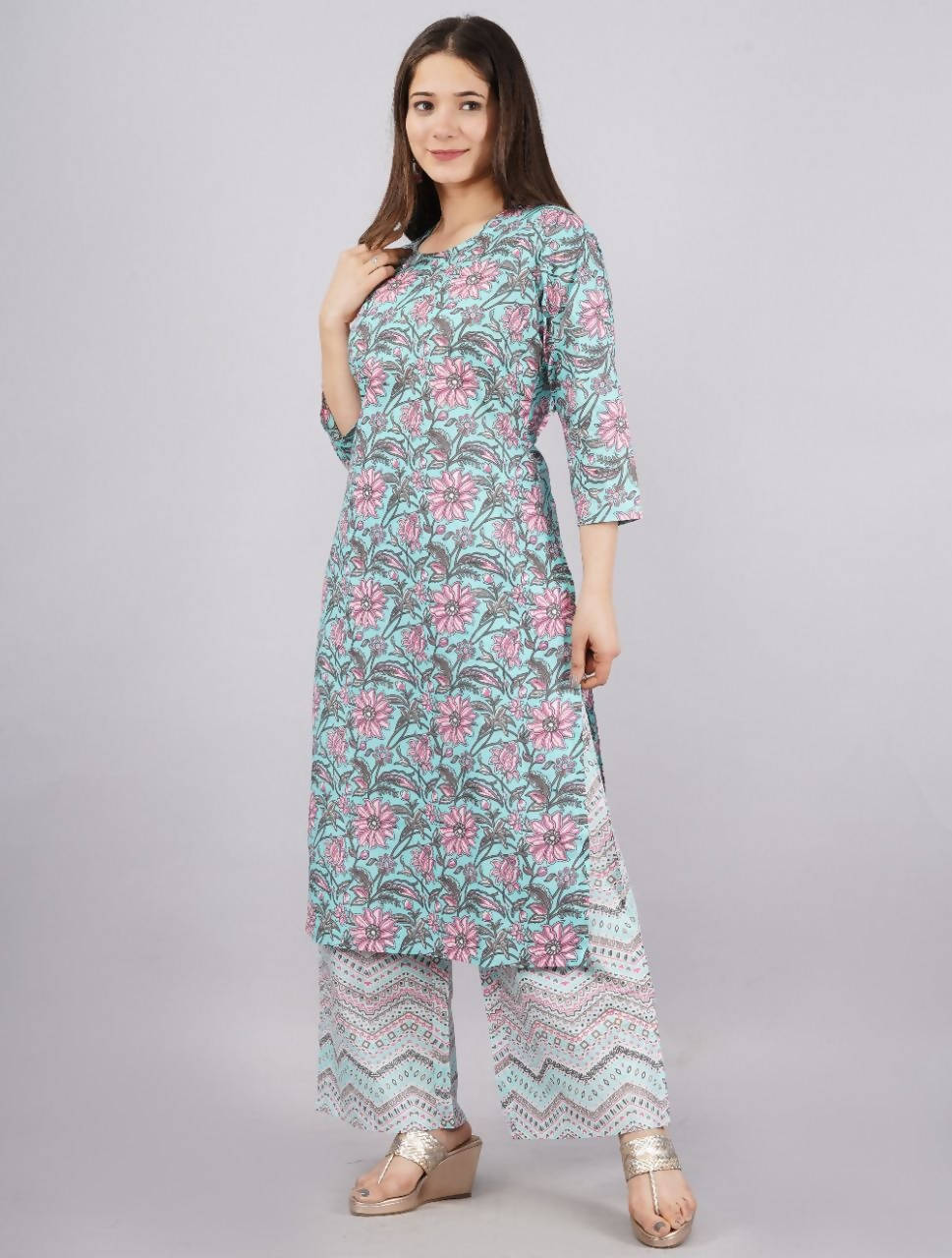 Vamika Printed Cotton Sky Blue Party Wear/Casual Wear Kurta Set/Suit