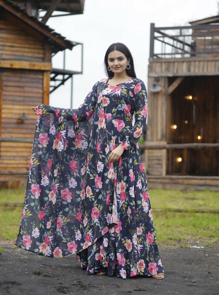 Jyoti Fashion Women's Black Faux Georgette Floral Digital Printed Anarkali Dress with Dupatta