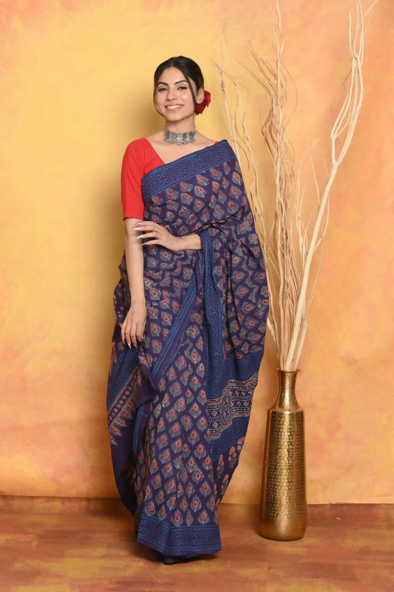 Very Much Indian Handblock Printed Cotton Saree With Natural Dyes - Blue