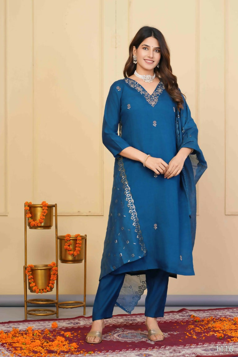 Rama Viscose Chanderi Embroidered Stitched Suit With Dupatta - Tanisha