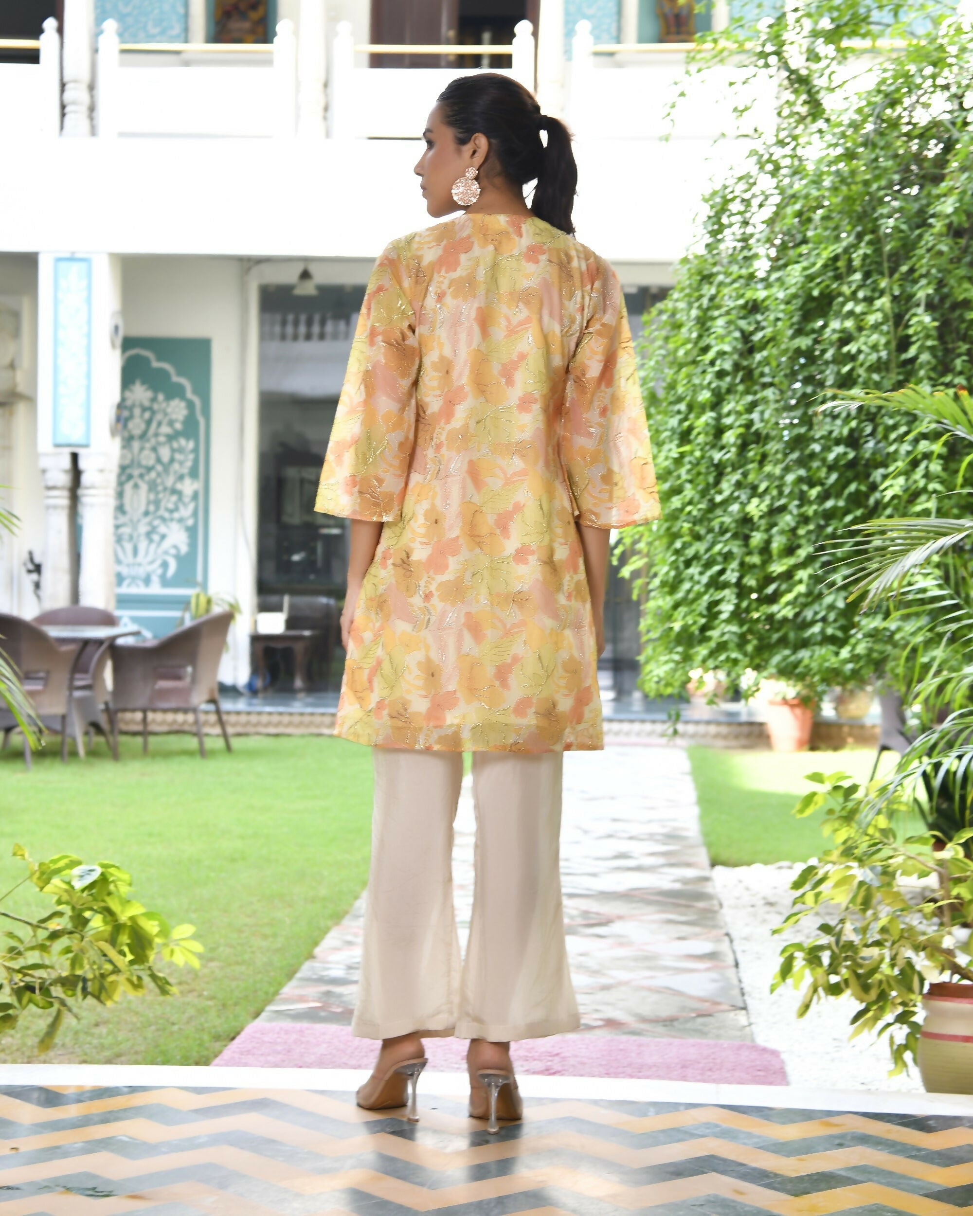 Vaasva Women's Lemon Yellow Organza Digital Printed Cord Set