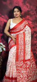 Exclusive Collection Beautiful Batique Print Red Pure Cotton Hand Print Handloom Saree With Running Blouse Piece