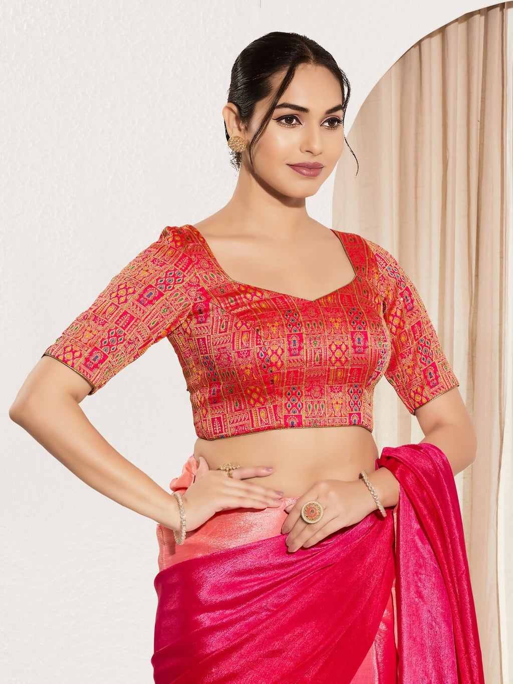 Joban Fashion Red Brocade Padded Blouse With Round Neck Elbow Sleeves