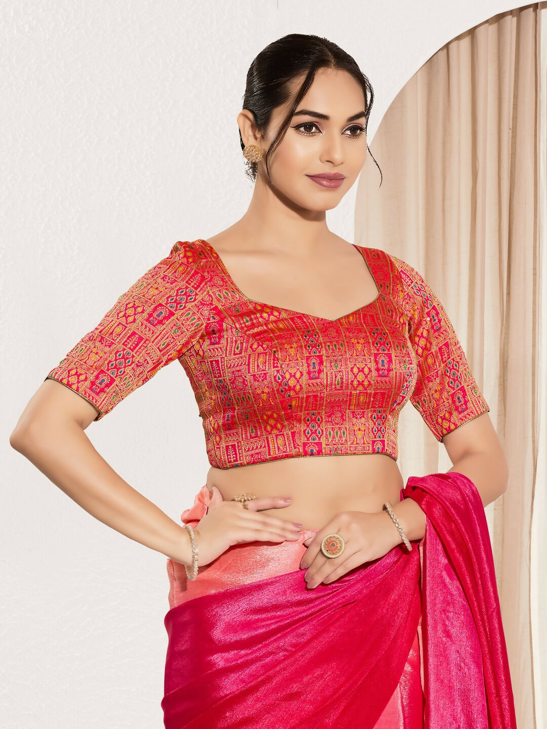 Joban Fashion Red Brocade Padded Blouse With Round Neck Elbow Sleeves