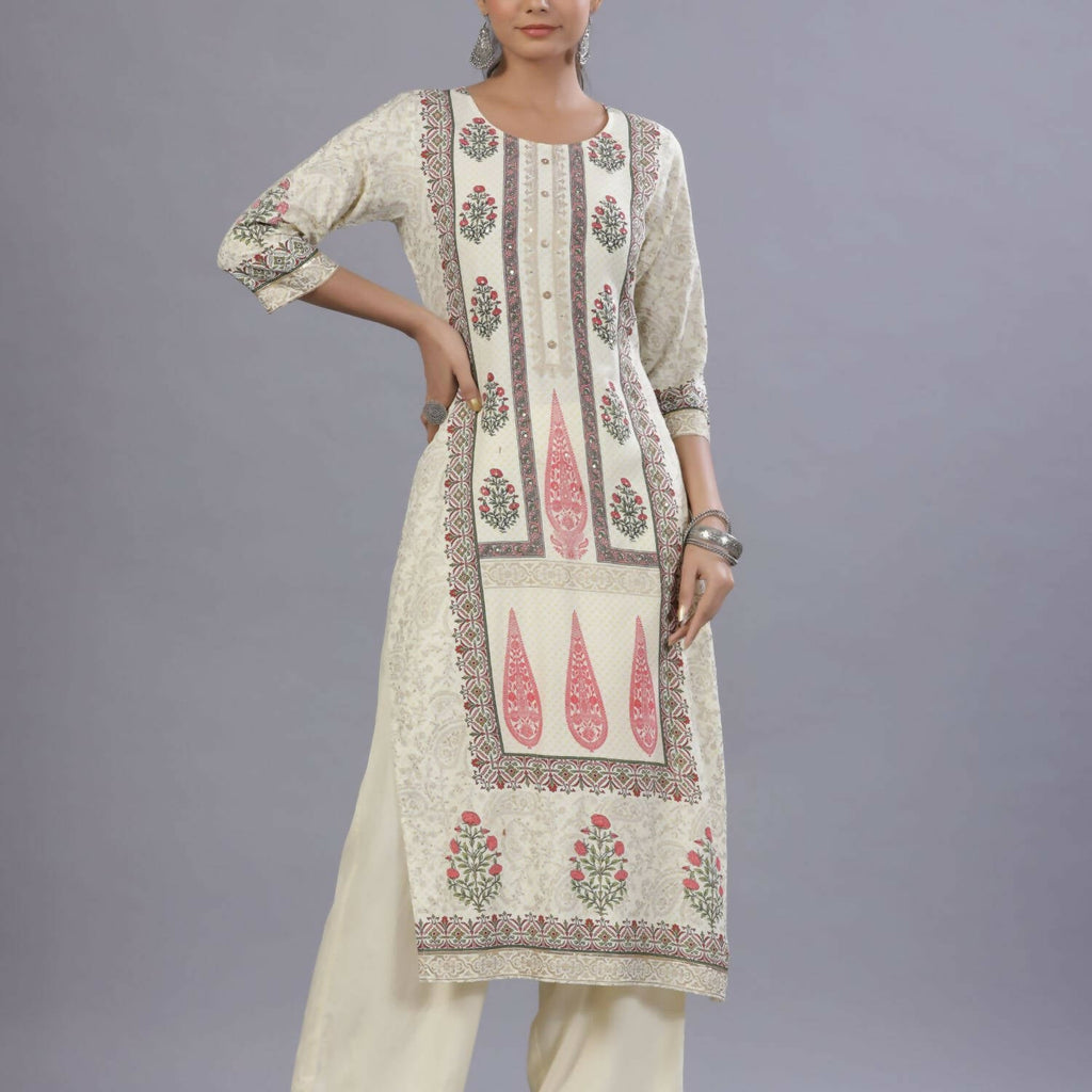 Juniper Women Yellow Rayon Printed Kurta, Pants and Dupatta Set