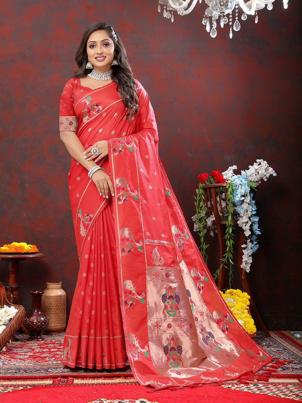 Lorenvalley Fashion Red Soft Paithani Silk Woven Design Copper Zari Meenakari Weaving Saree