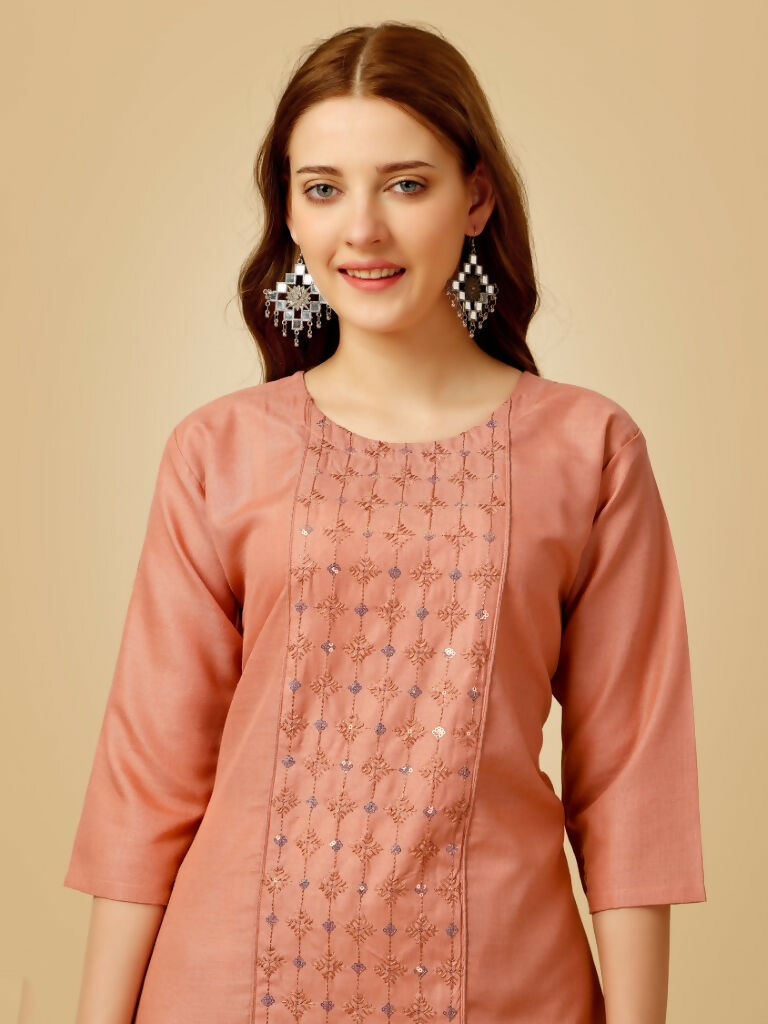 Jyoti Fashion Women's Gajri Cotton Blend Embroidered Kurta Pant Set