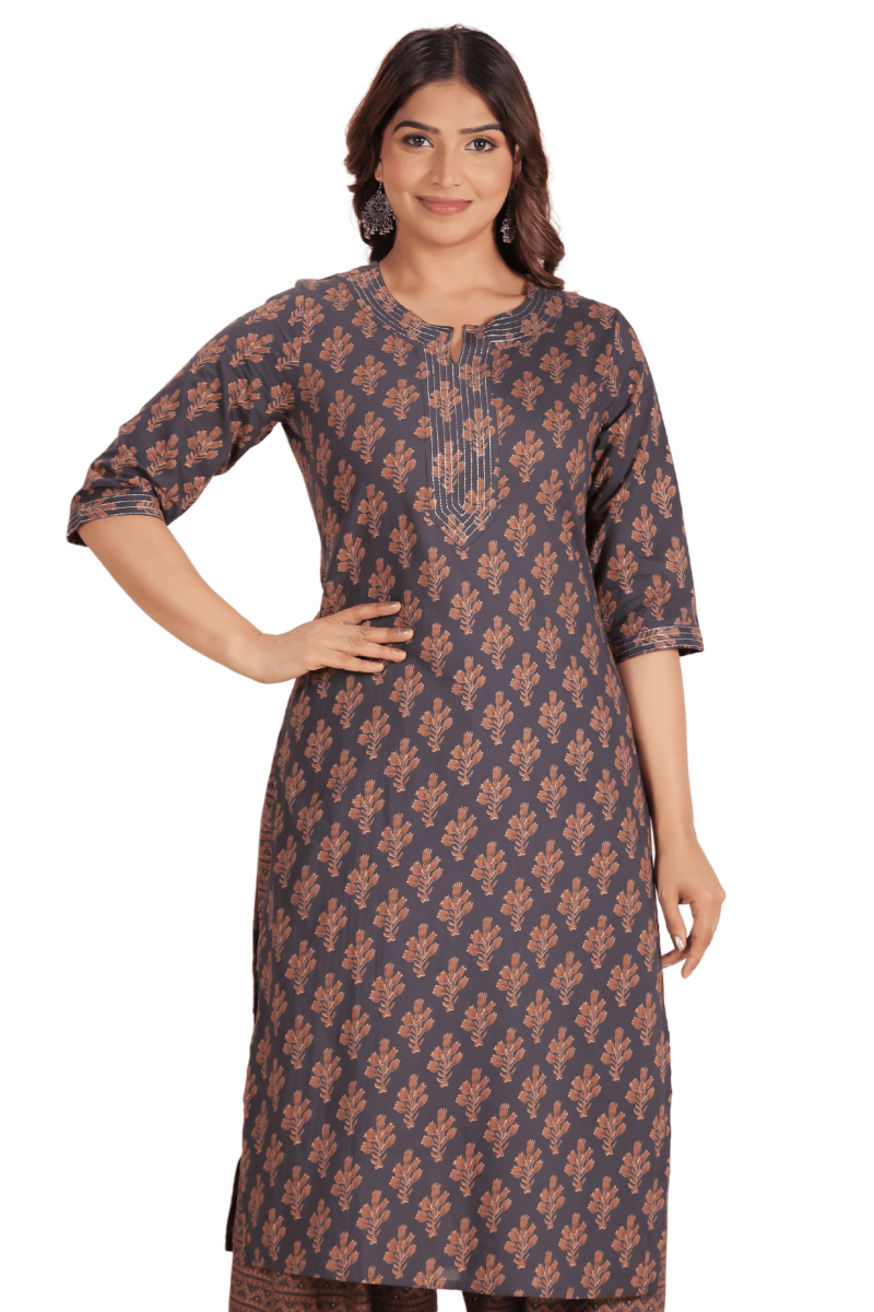 Aramya Straight Soft Cotton Floral Print Women's Kurta - Grey