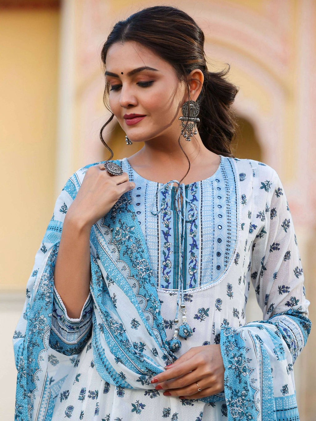 Juniper Women's White Cotton Voile Floral Printed Kurta With Cambric Straight Pant And Voile Duptta