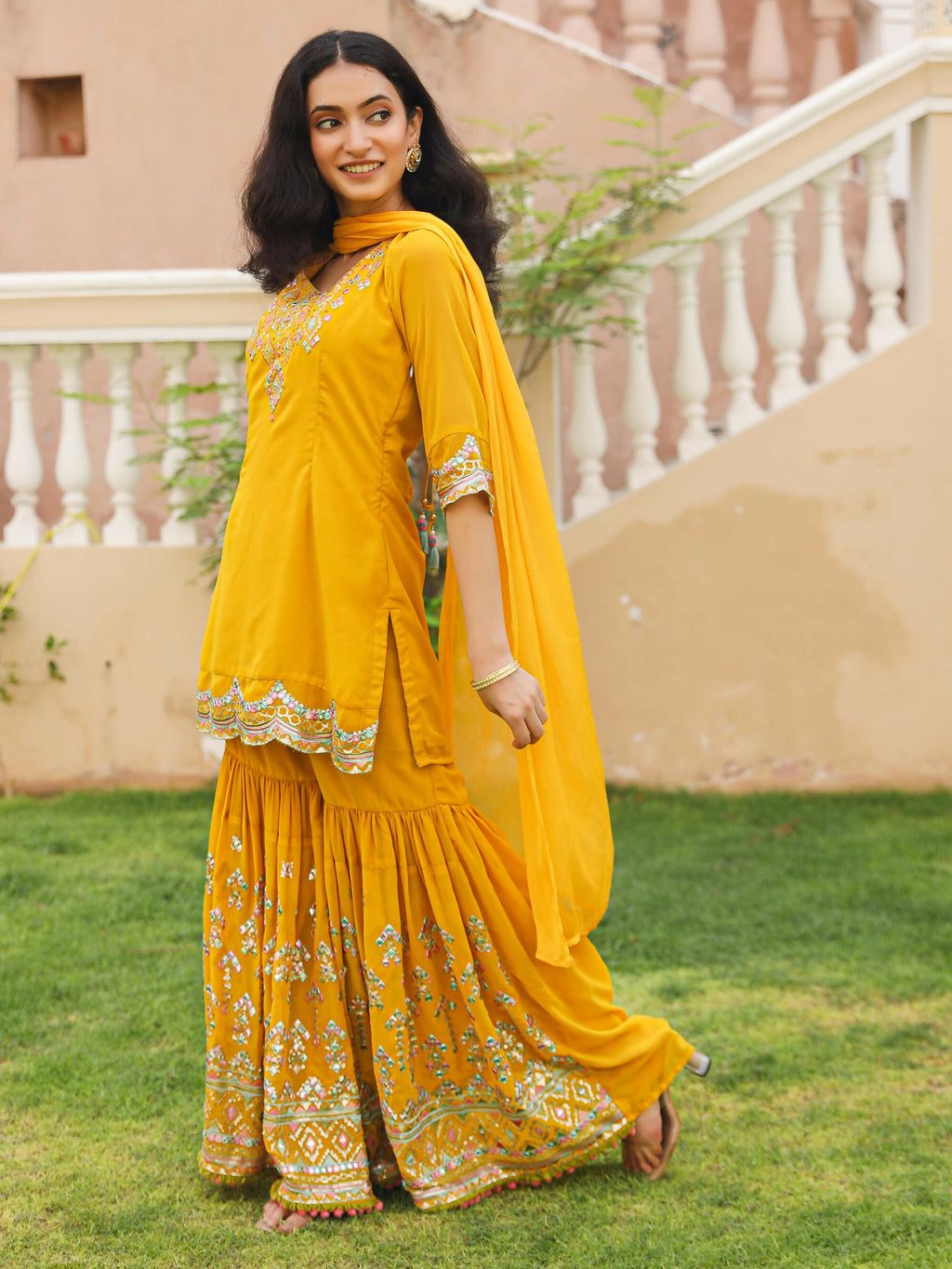 Juniper Women's Mustard Thread Embroidered Georgette Kurta Sharara And Dupatta Set With Sequins & Mirror Work