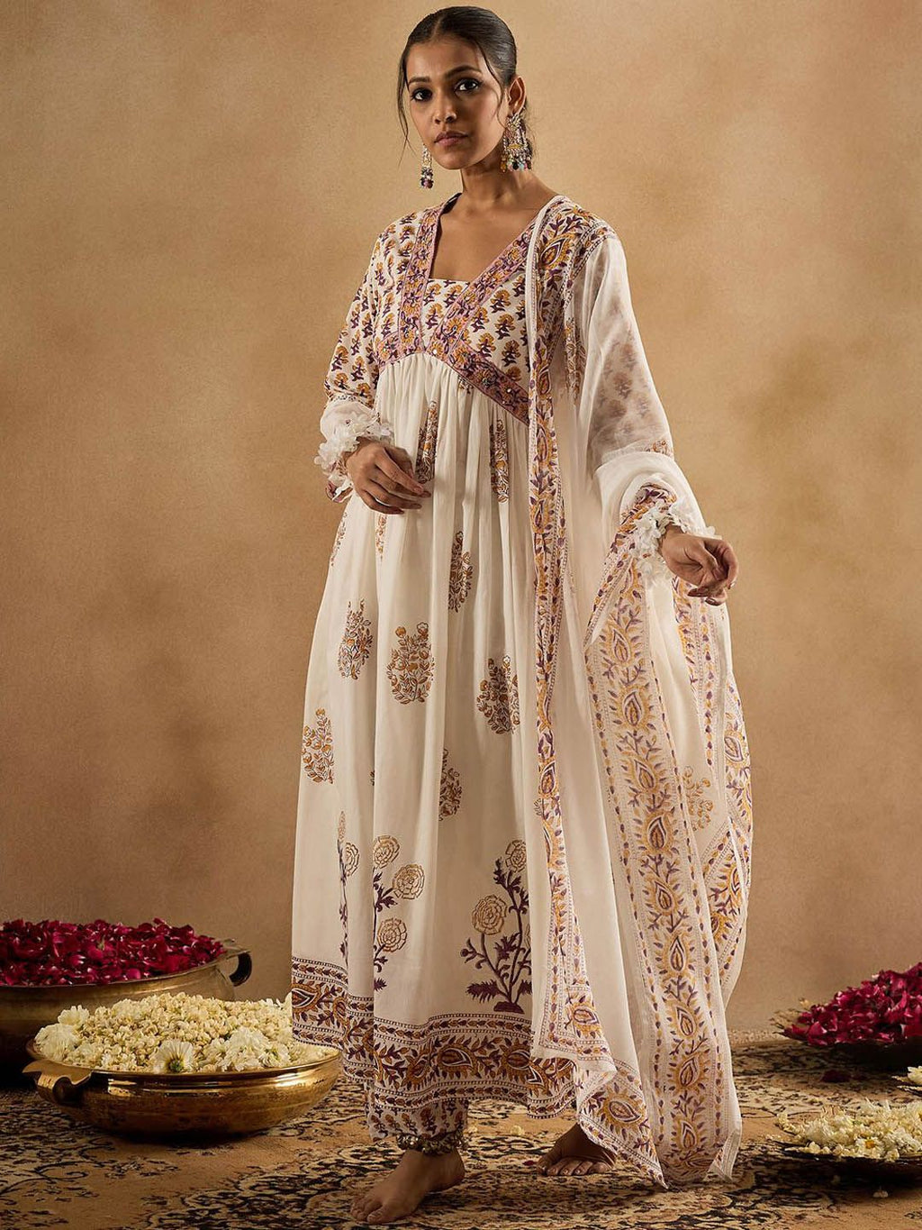 Indo Era Women Floral Printed Empire Pure Cotton Kurta with Trousers & With Dupatta
