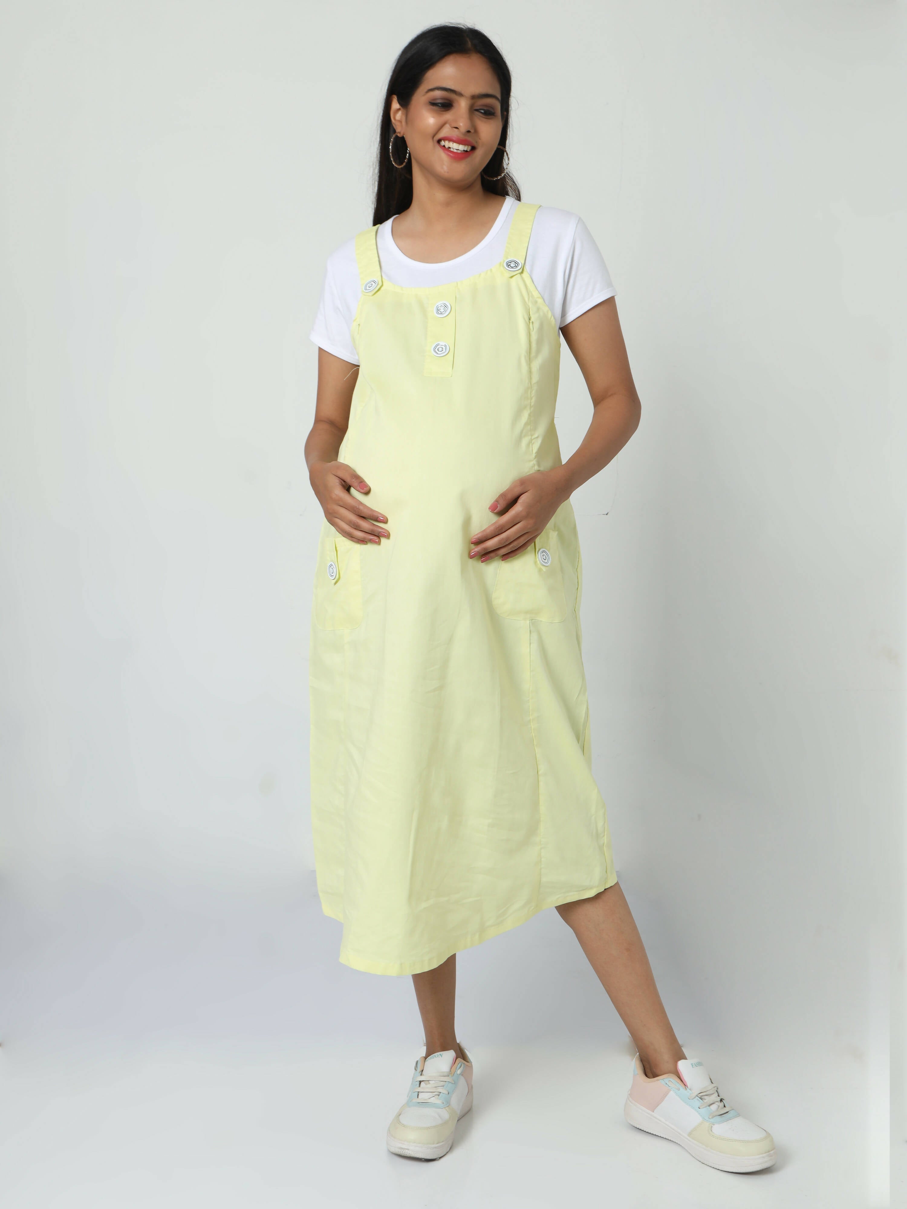 Manet Half Sleeves Solid Maternity Dress With Concealed Zipper Nursing Access - Yellow