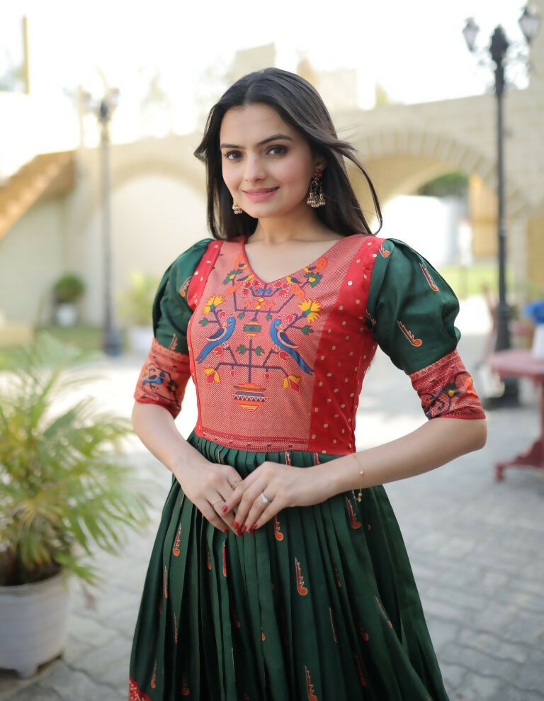 Jyoti Fashion Women's Bottle Green Patola with Foil Print Dola Silk Anarkali Dress