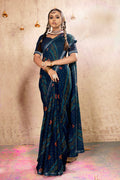 Navy Blue Georgette Bandhni Printed Saree With Unstitched Blouse Piece - Shanaya