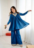 Teeya Creation Blue Heavy Chinnon Silk Embroidery Work Plazo pair