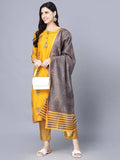 Myshka Women Mustard Yellow Ethnic Motifs Embroidered Panelled Kurti with Trousers With Dupatta