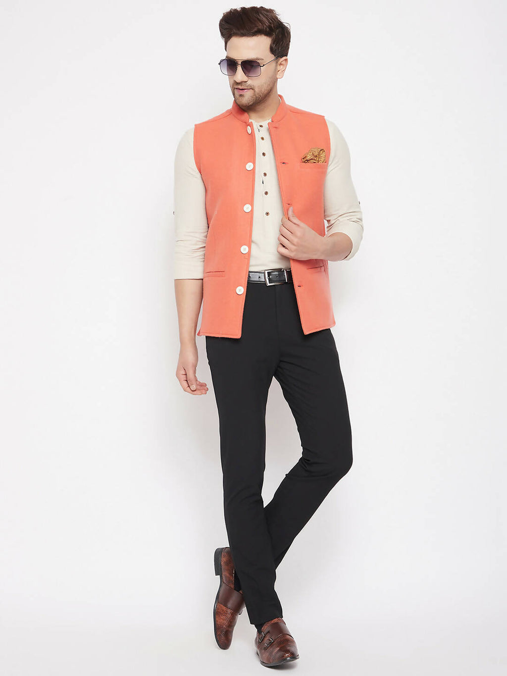 Even Apparels Orange Wool Men Woven Nehru Jacket