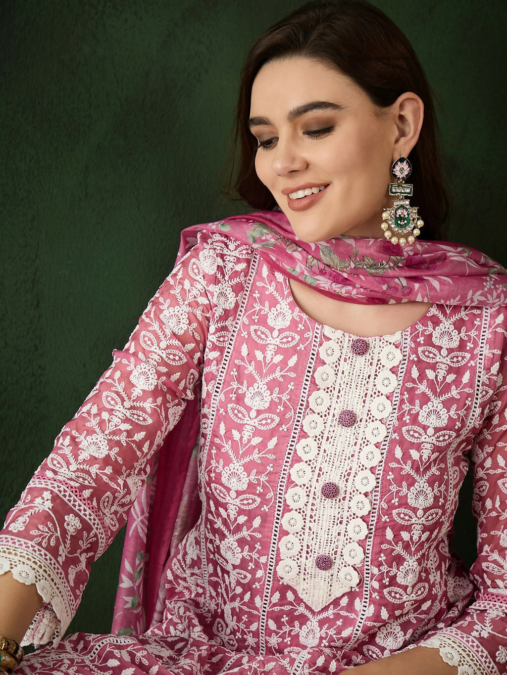 Pink Crystal Organza schiffli embroidery Kurta With Trouser & Dupatta - Bhumi