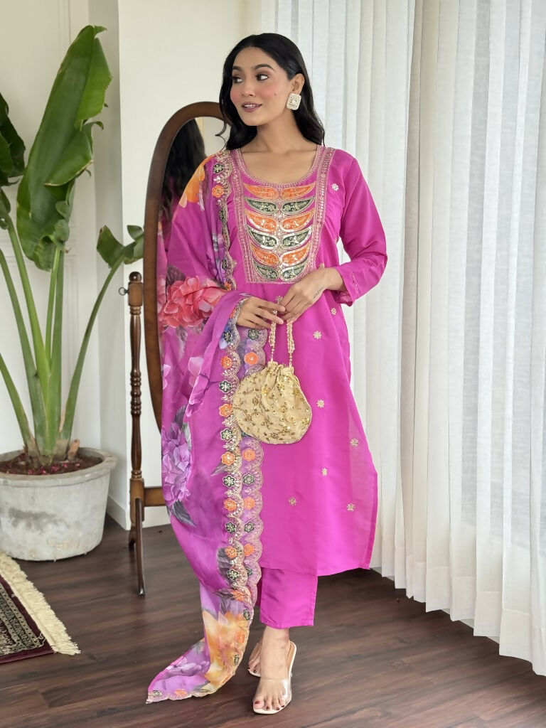 Light purple Viscose Chanderi Stitched Suit With Dupatta - Tanisha