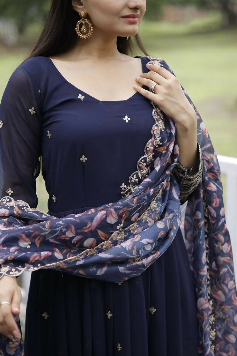 Jyoti Fashion Women's Navy Blue Faux Blooming Sequins with Zari Embroidery Anarkali Dress with Dupatta