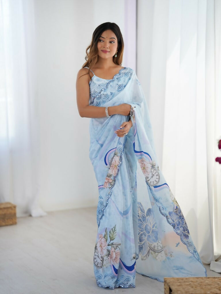 Sky Blue Chinon Designer Digital Printed,Mirror Cut Work Saree - Elayna