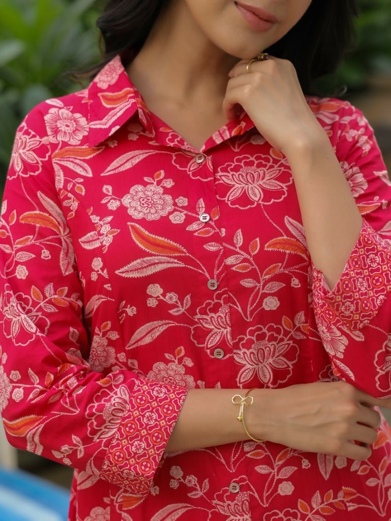Aramya High Low Soft Cotton Floral Print Women's Kurta - Red