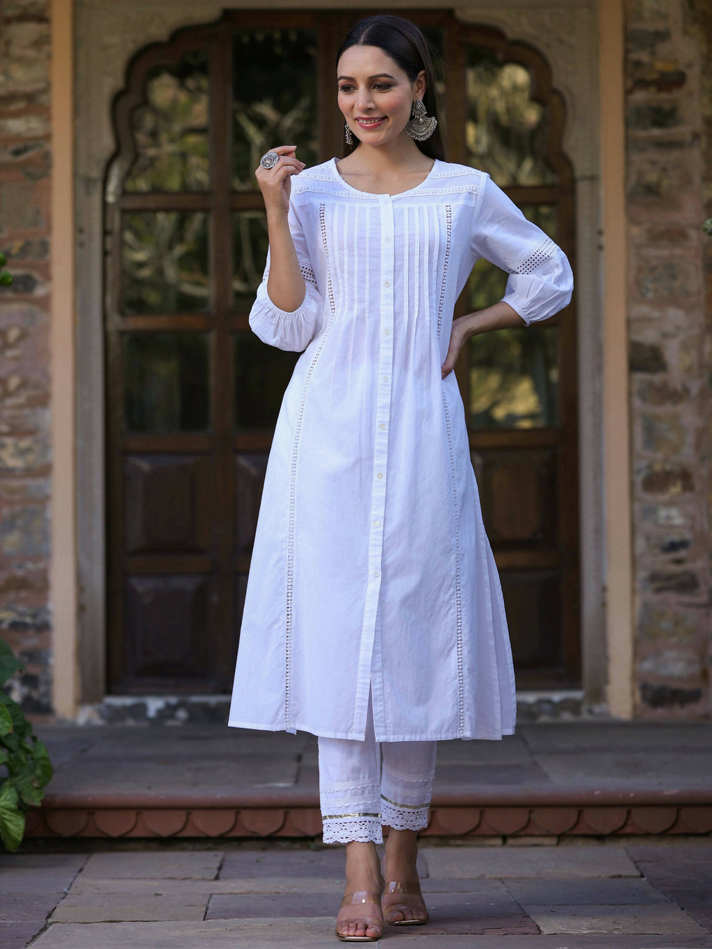 Juniper Women's White Cotton Cambric Solid A-Line Kurta