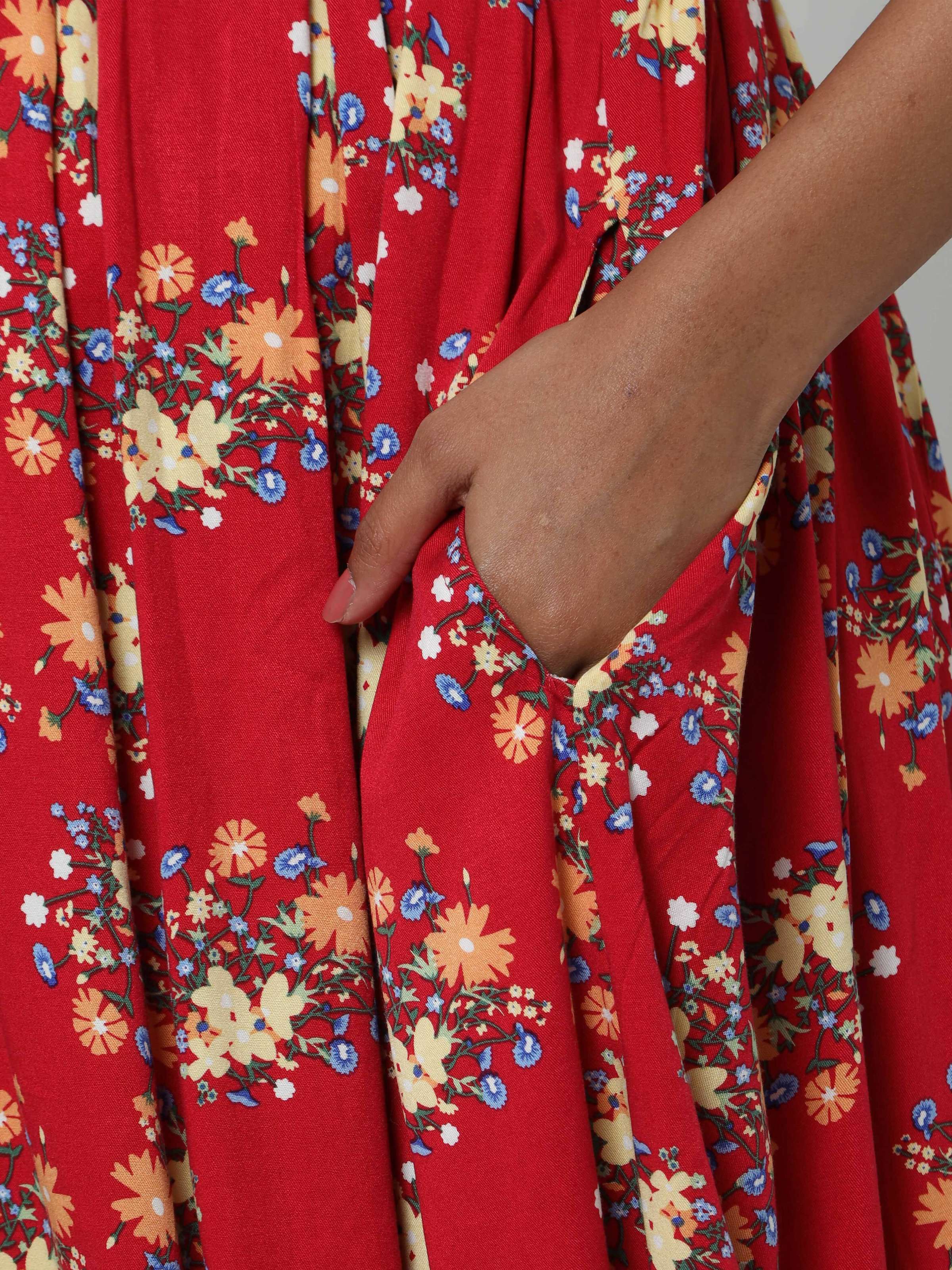 Manet Three Fourth Maternity Dress Floral Print With Concealed Zipper Nursing Access - Red