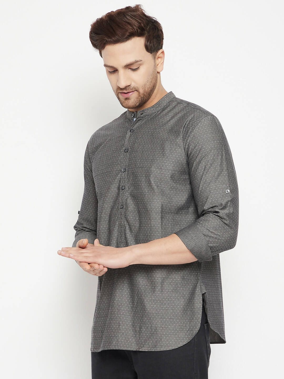 Even Apparels Grey Color Pure Cotton Short Men's Beautiful Kurta With Band Collar