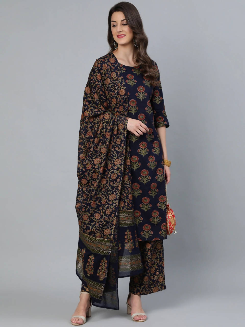 Vamika Printed Rayon Navy Blue Party Wear/Casual Wear Kurta Set/Suit
