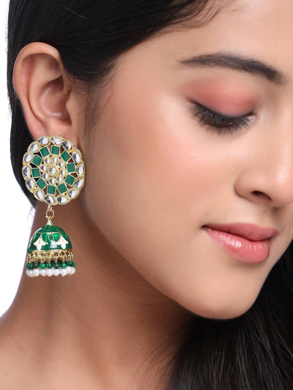 NVR Women Gold-Polished Green Dome Shaped Meenkari Jhumkas Earrings