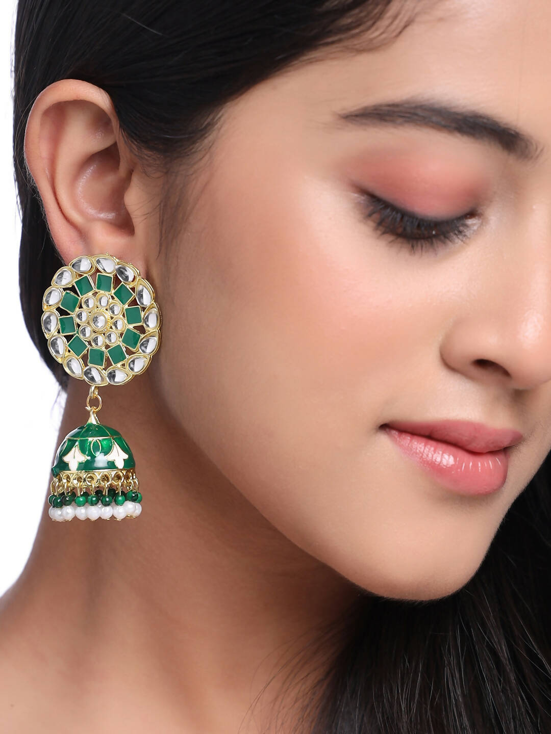 NVR Women Gold-Polished Green Dome Shaped Meenkari Jhumkas Earrings