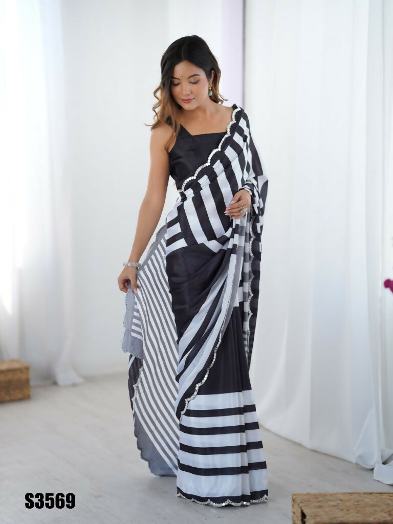Black Chinon Designer Digital Printed,Mirror Cut Work Saree - Manvika