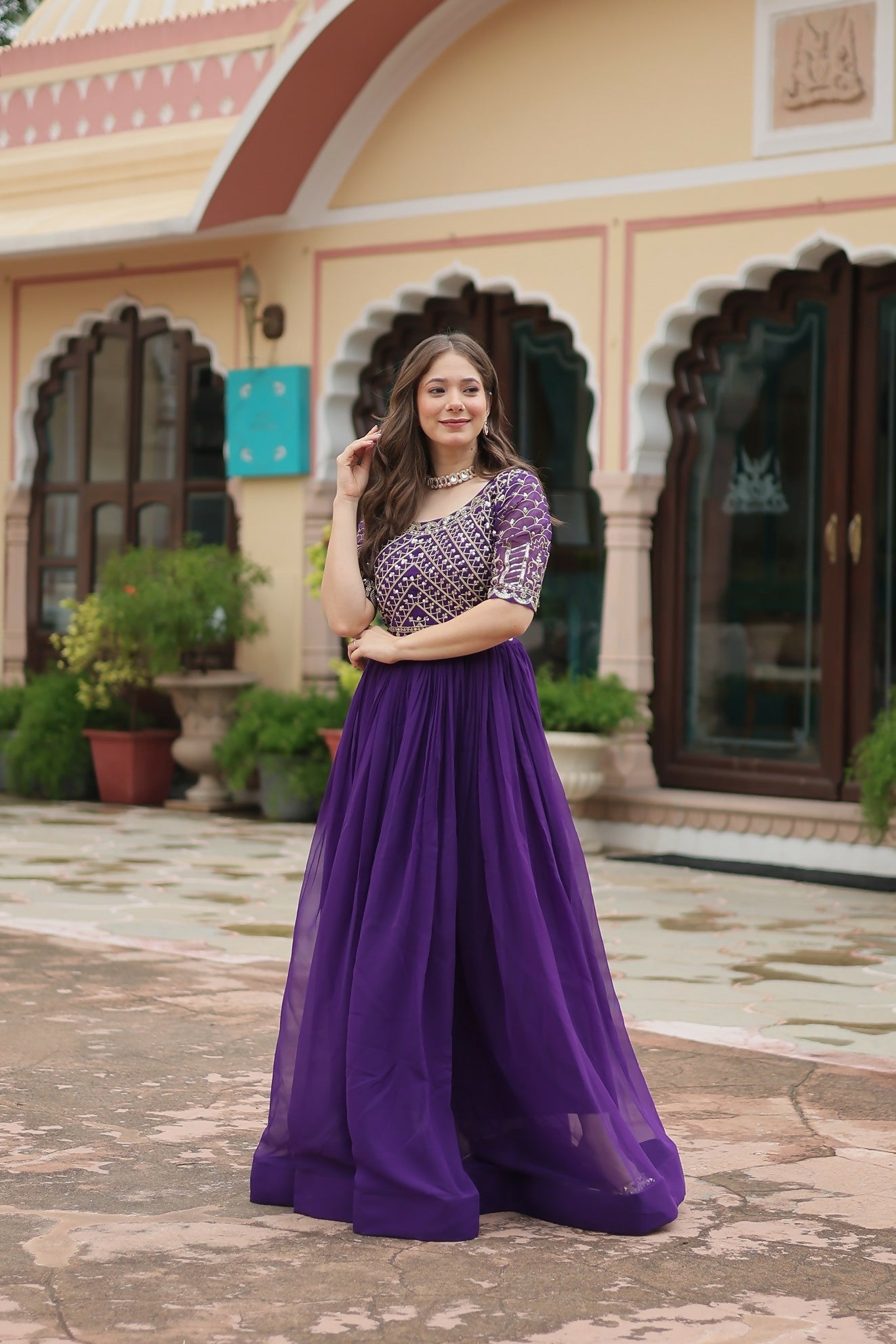 Joban Fashion Purple Georgette Sequence Embroidery Work Gown
