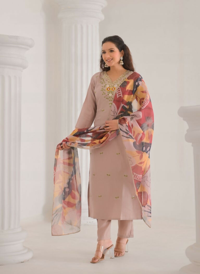 Ethnic Festive Wear Chanderi with Cotton Lining Beige Stitched Suit With Dupatta - Tanisha