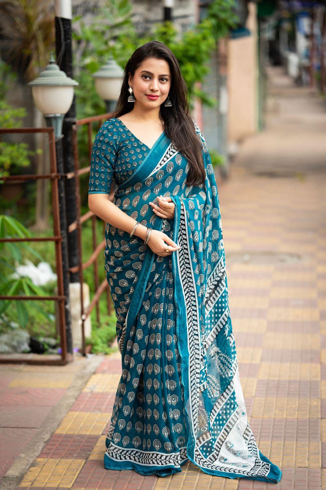 Rama Poly Georgette Ajrak Saree with Unstitched Blouse - Hiral Fashion