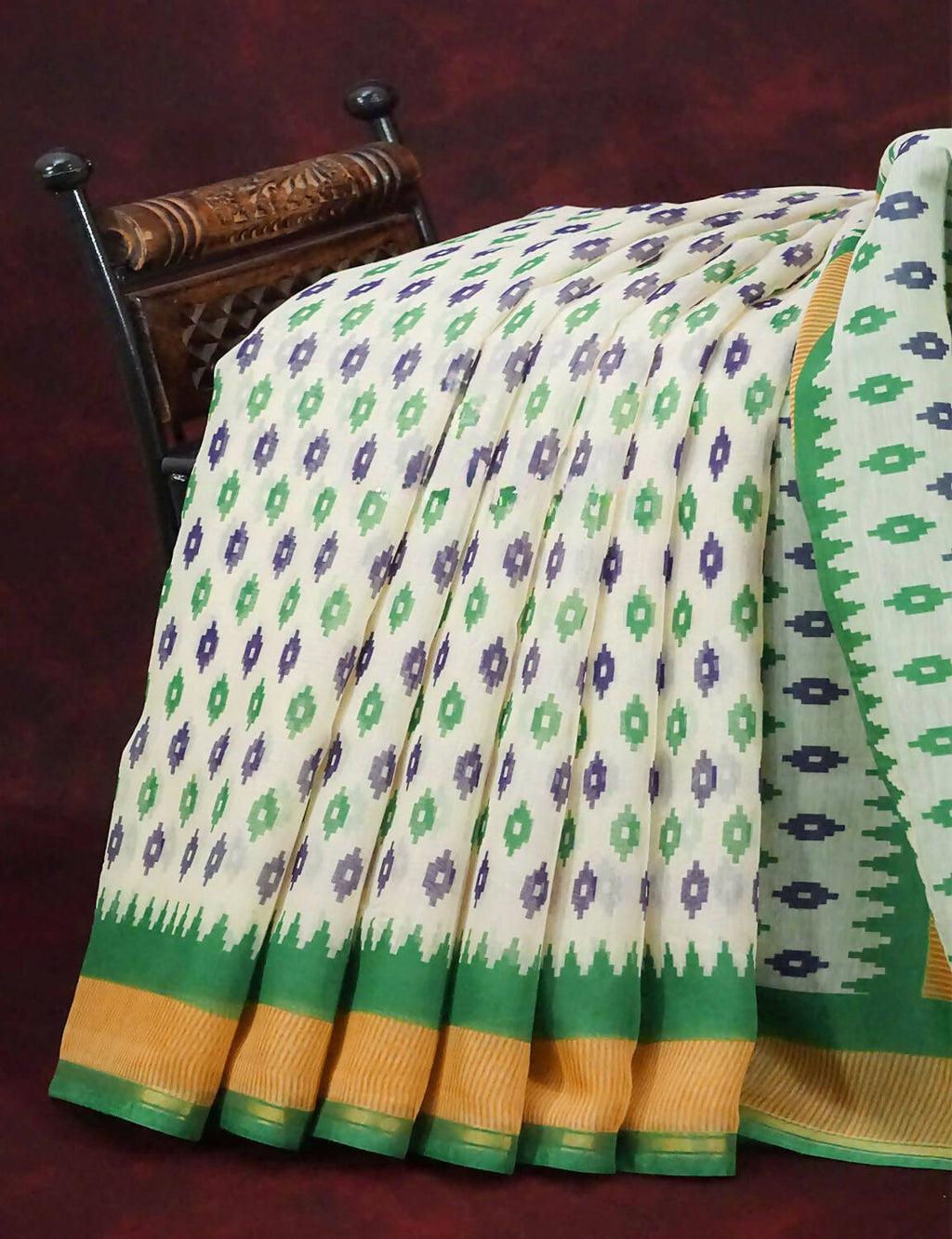 Combo of Off White and Mango Green Patan Patola Semi Chanderi Saree By Gayathri Reddy Designer Studio