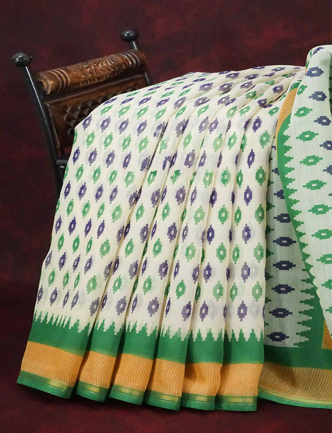 Combo of Off White and Mango Green Patan Patola Semi Chanderi Saree By Gayathri Reddy Designer Studio