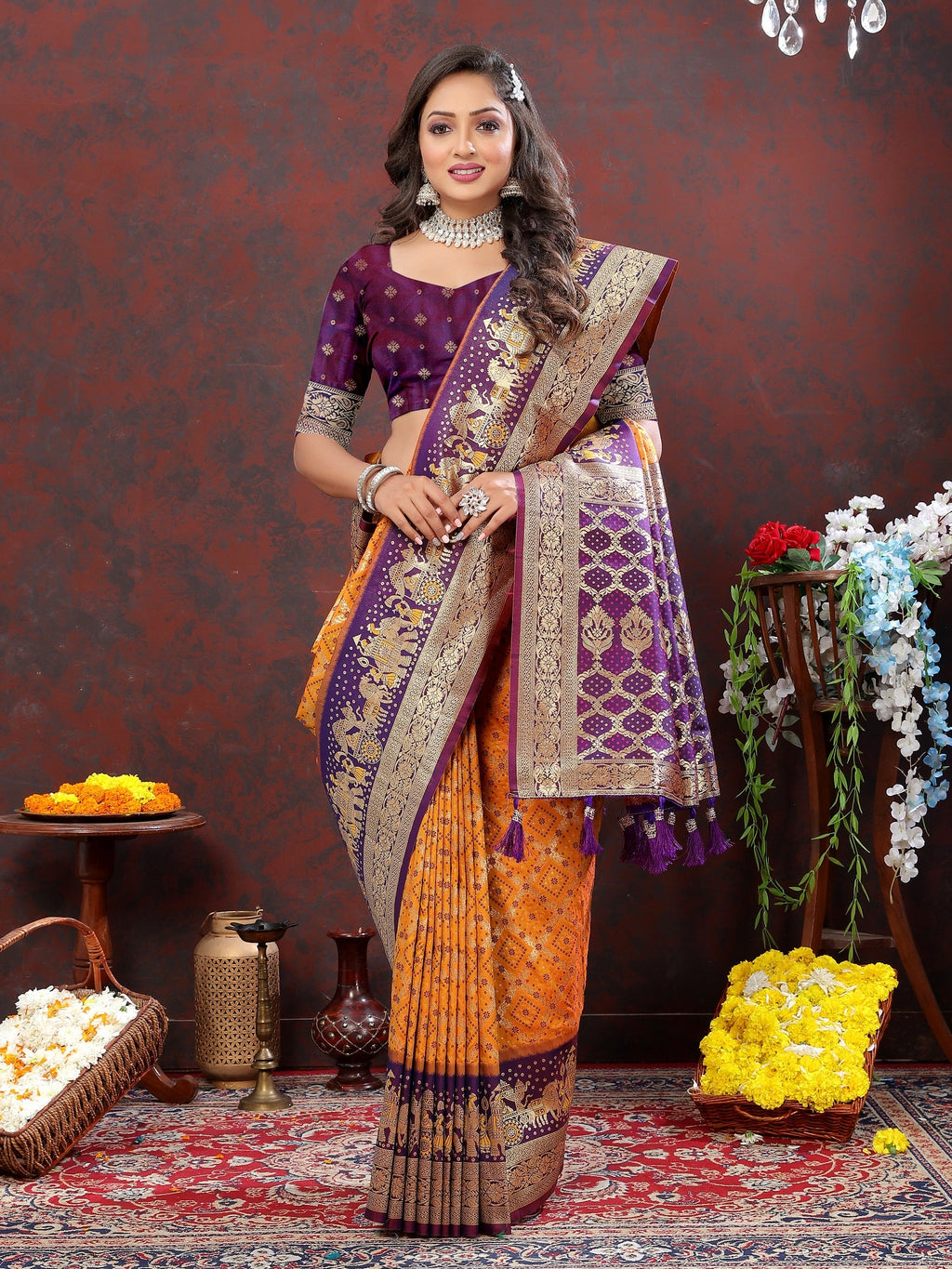 Vedant Vastram Mustard Color Kanjeevaram Patola Silk Saree - Mustard