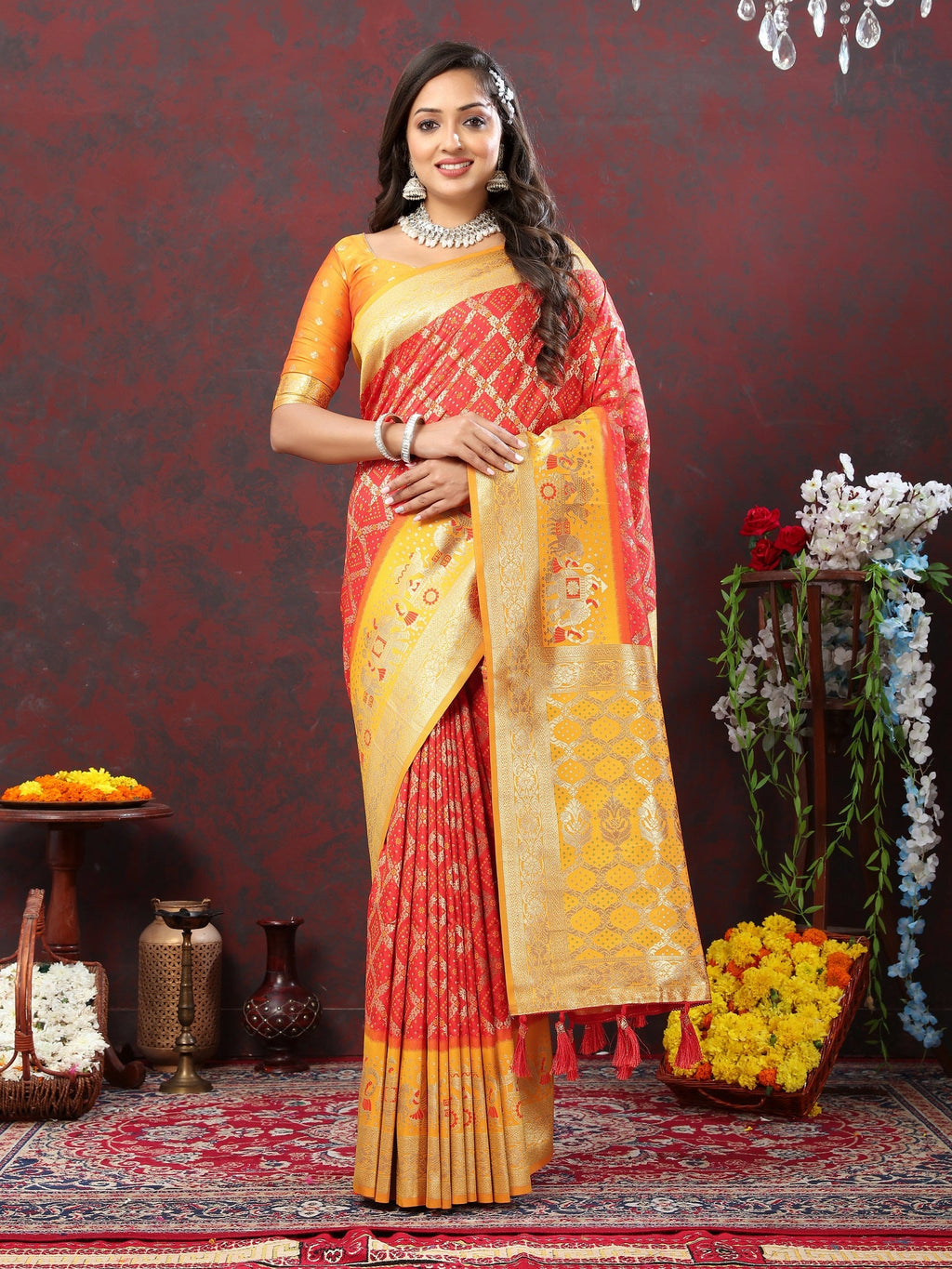 Vedant Vastram Orange Color Kanjeevaram Patola Silk Saree - Orange