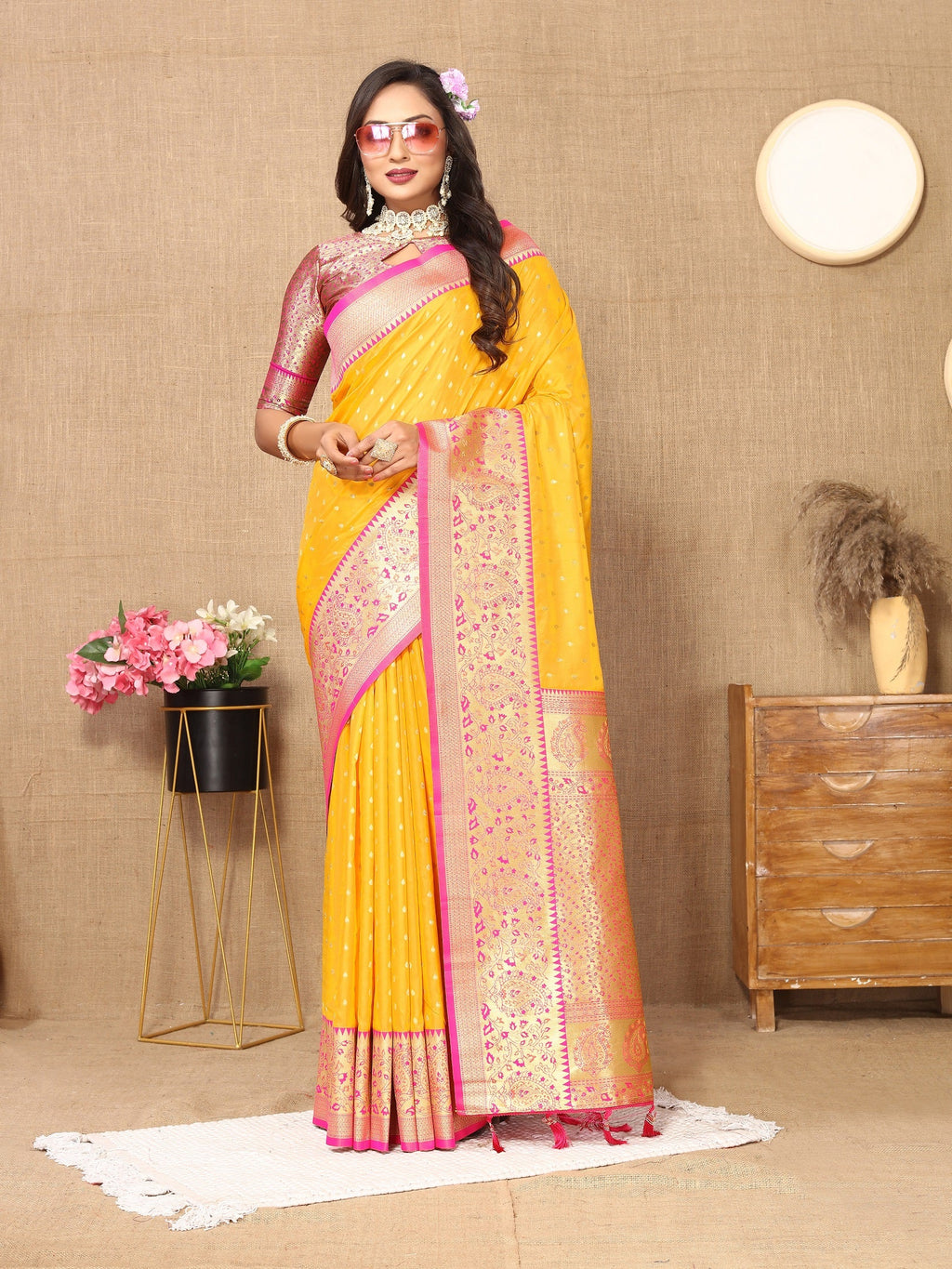 Vedant Vastram Mustard Color Kanjeevaram Silk Saree - Mustard