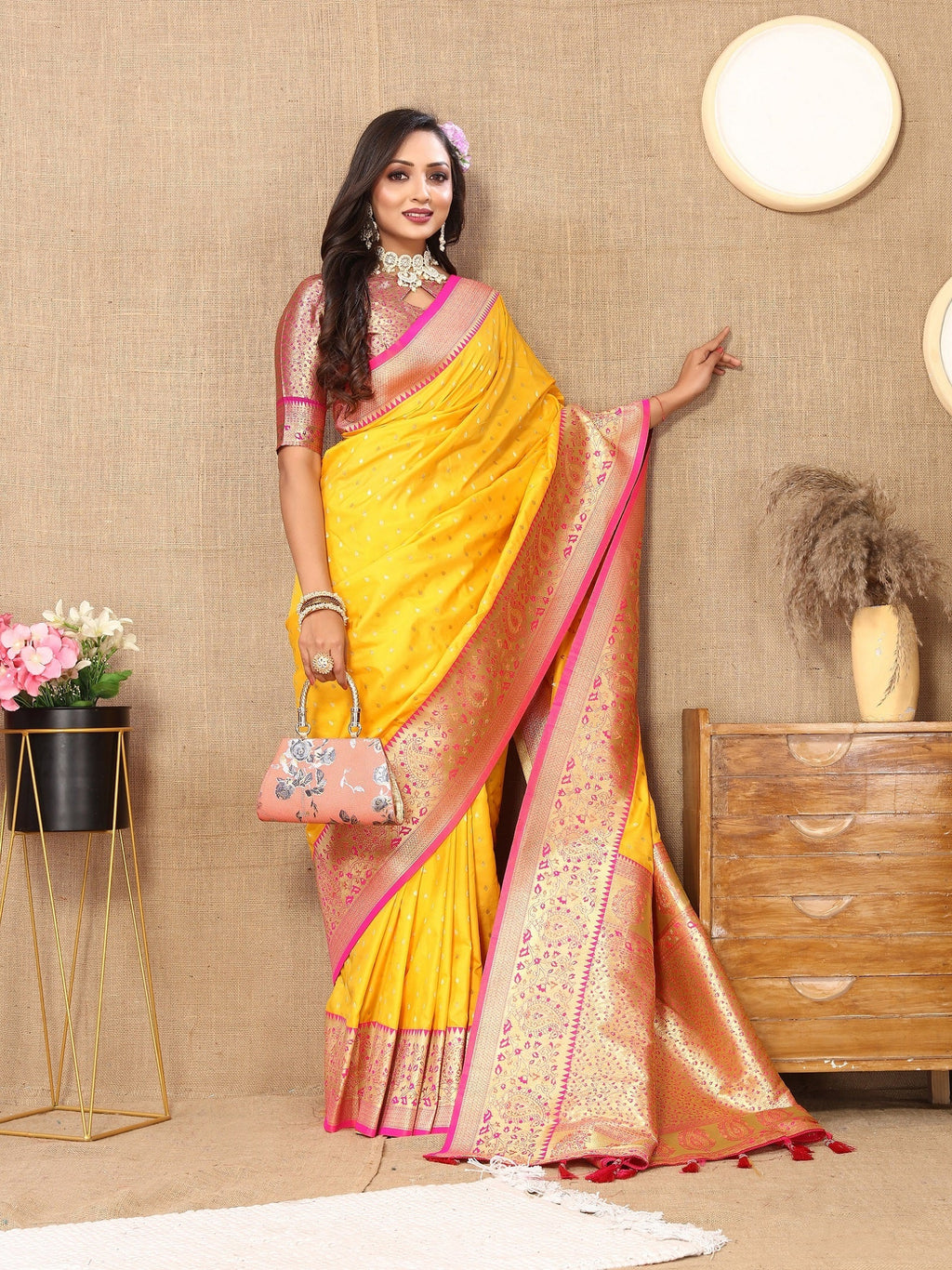 Vedant Vastram Mustard Color Kanjeevaram Silk Saree - Mustard