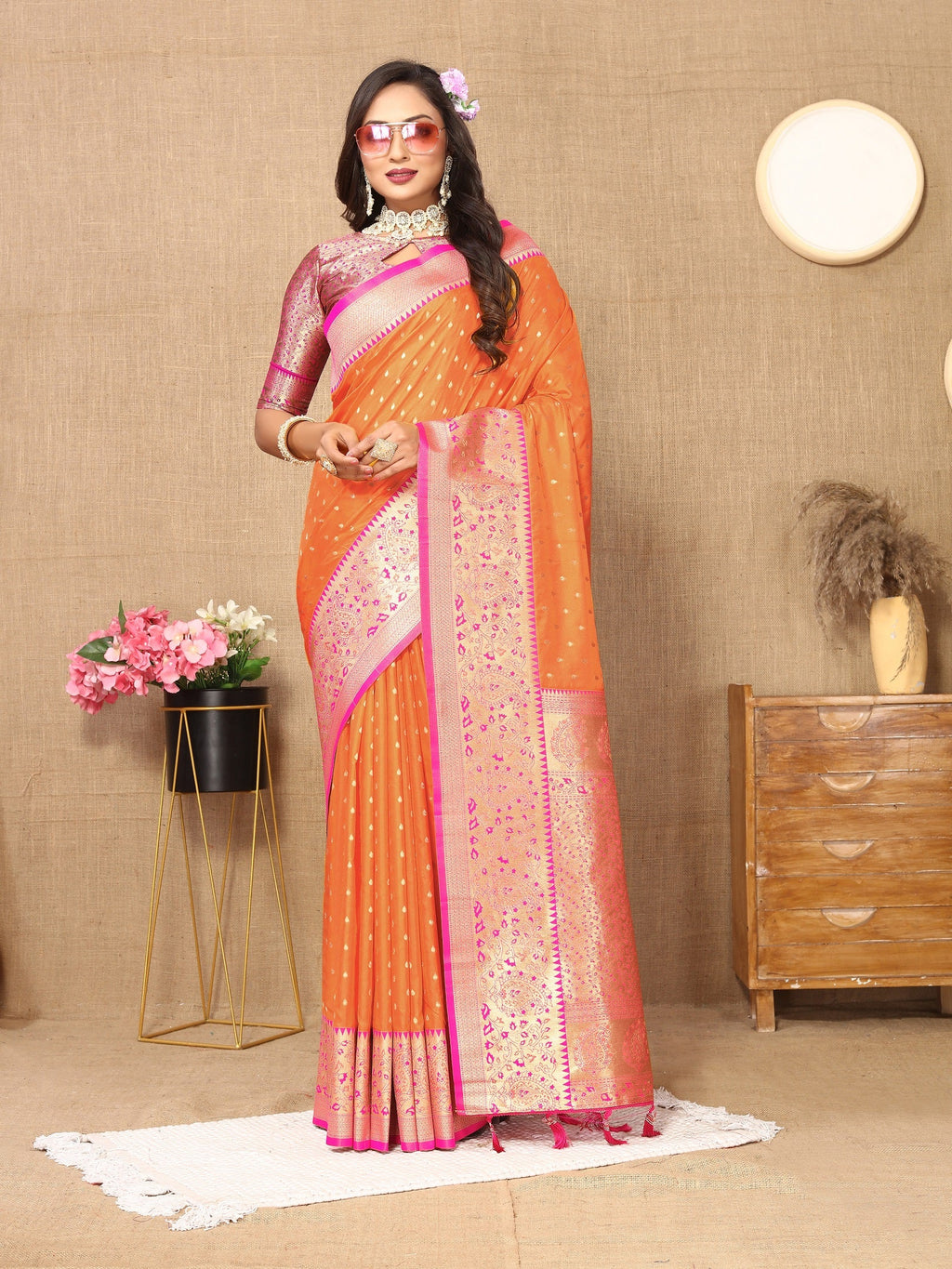 Vedant Vastram Orange Color Kanjeevaram Silk Saree - Orange