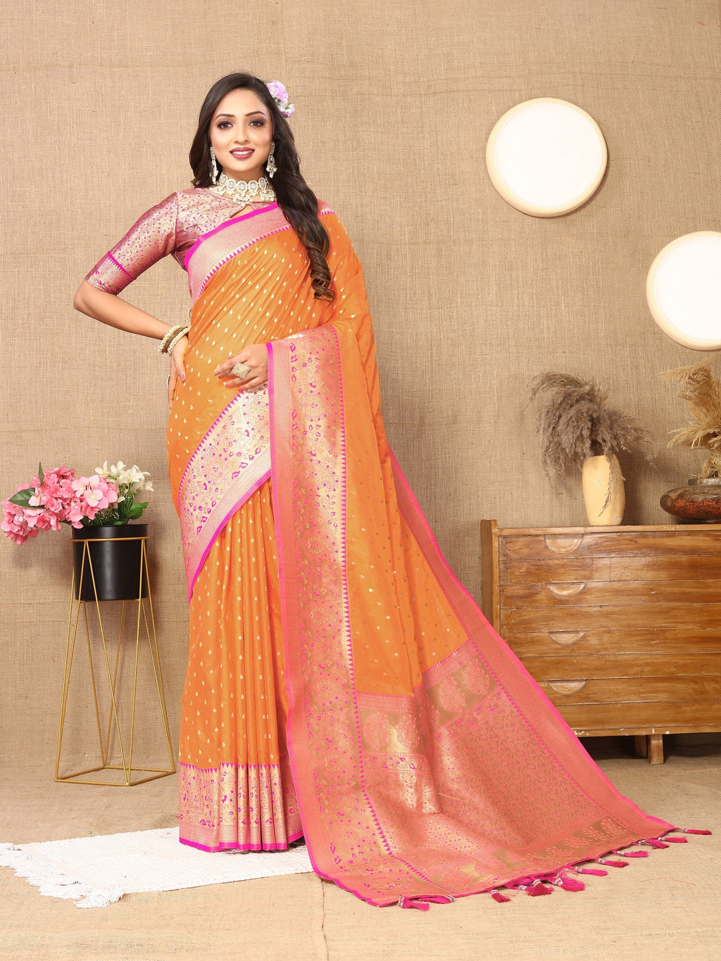 Vedant Vastram Orange Color Kanjeevaram Silk Saree - Orange