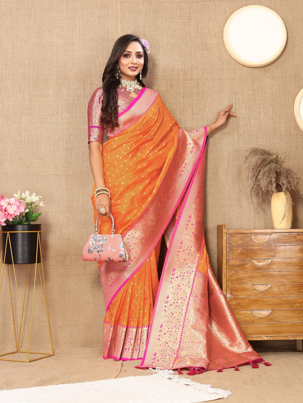 Vedant Vastram Orange Color Kanjeevaram Silk Saree - Orange