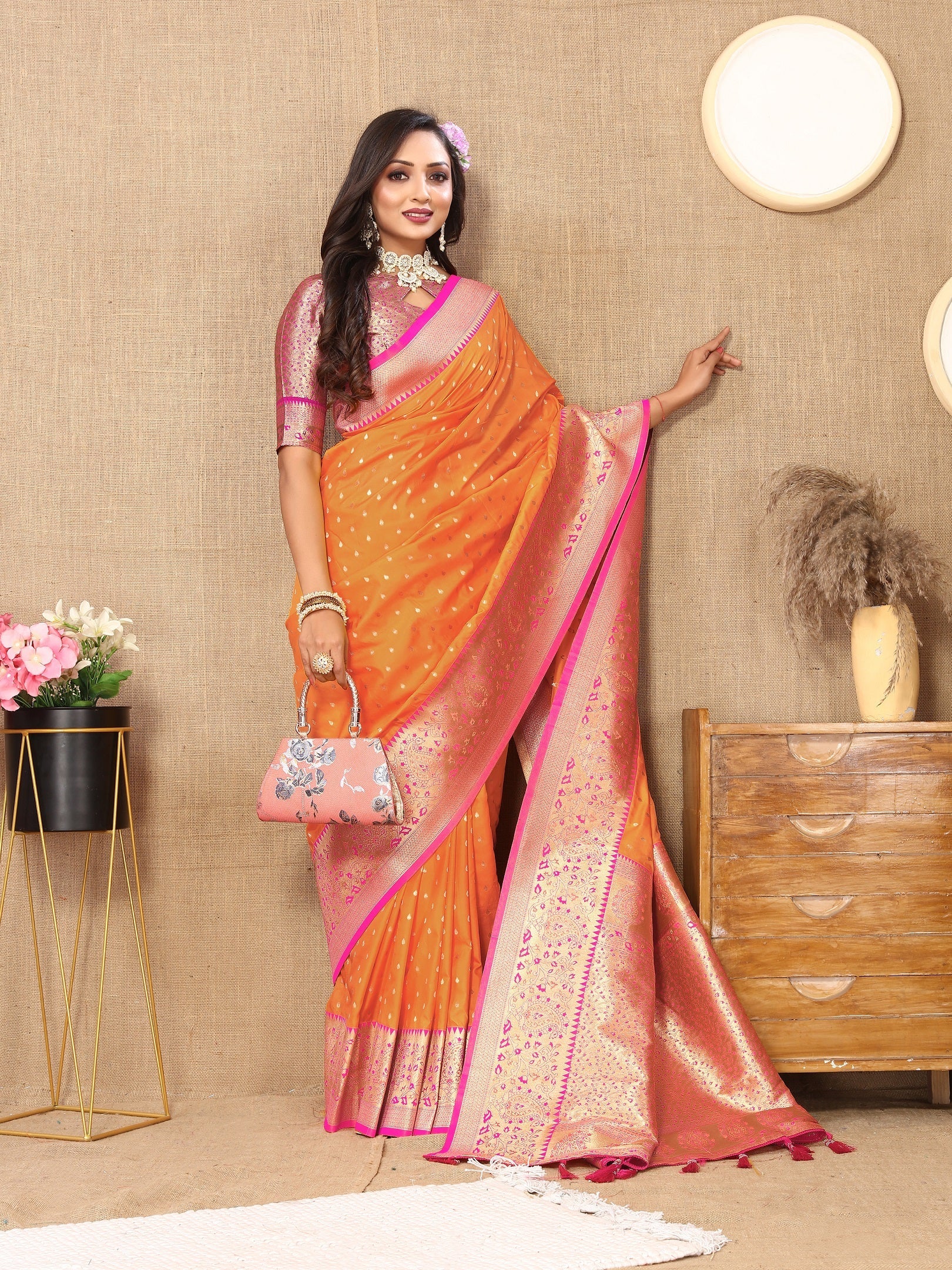Vedant Vastram Orange Color Kanjeevaram Silk Saree - Orange
